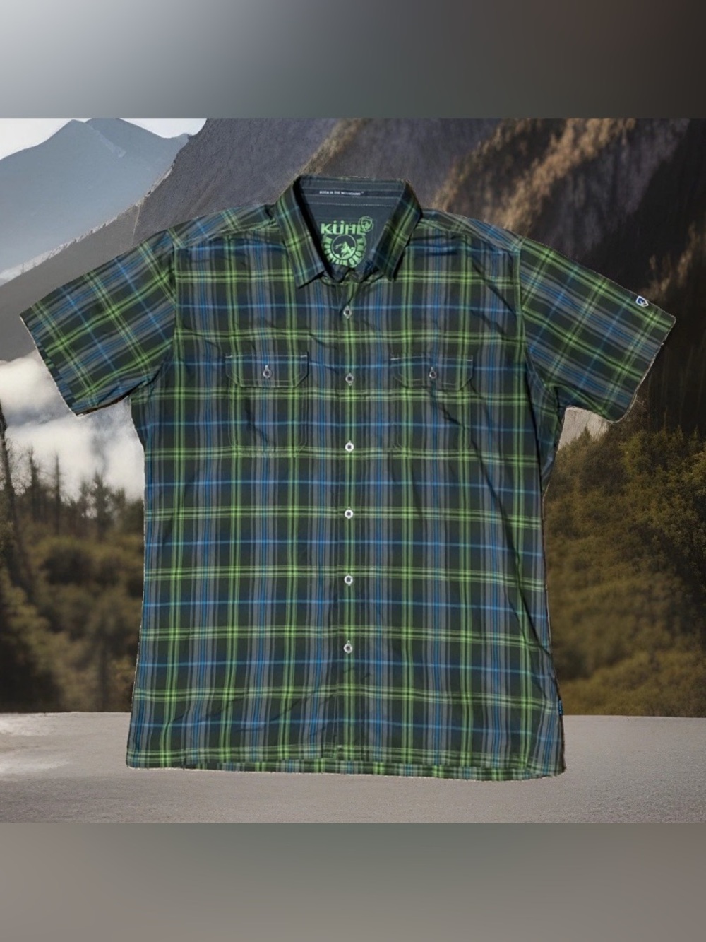 KUHL Men's M ELUXUR Plaid Button Down Shirt Black Green Blue Short Sleeve 7153